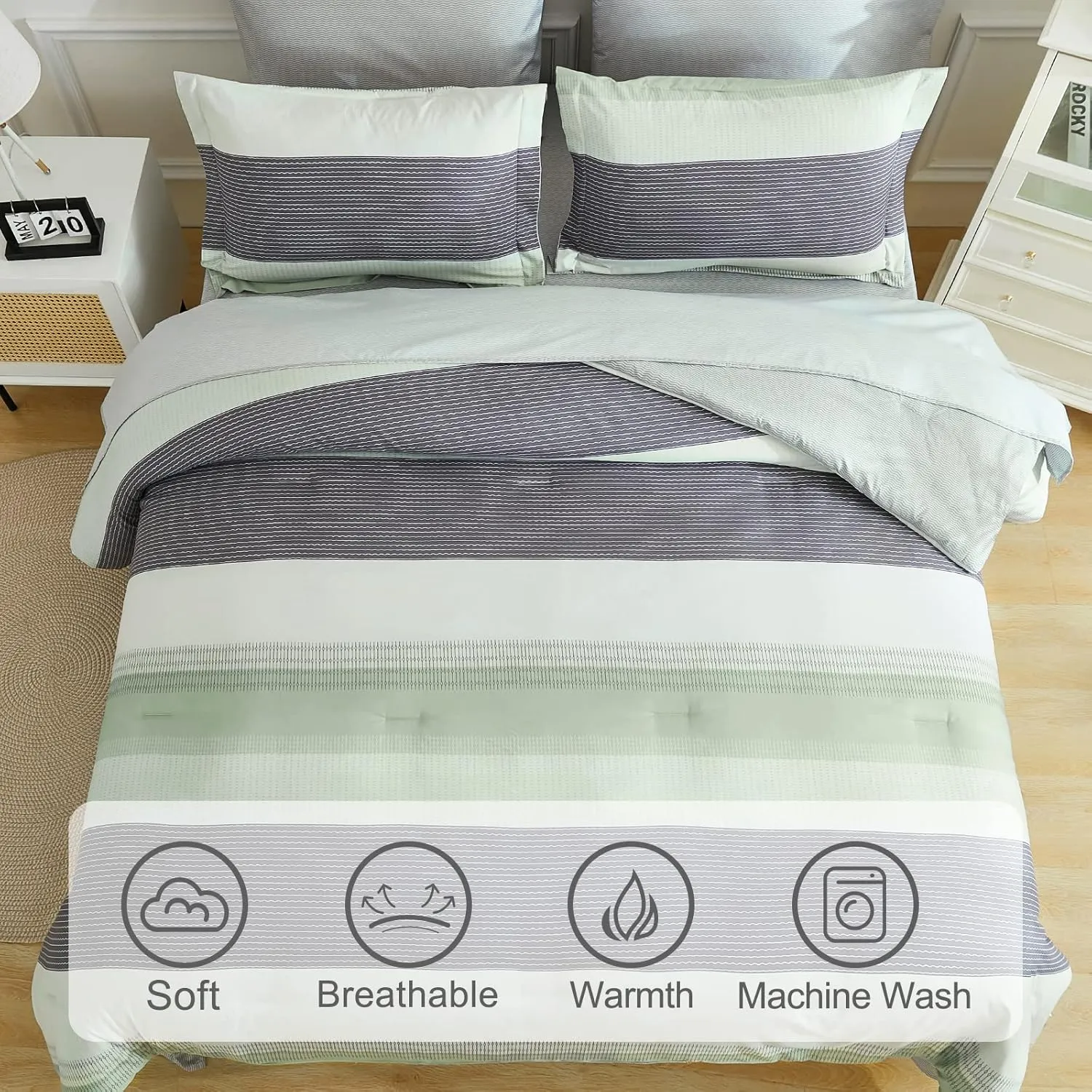 EMME Queen Comforter Set Sage Green, Bed in A Bag Striped, 7 Piece Bedding Sets Queen Size with Comforter, Sheets, Pillowcases&Shams, Soft Down Alternative Bed Set for All Season