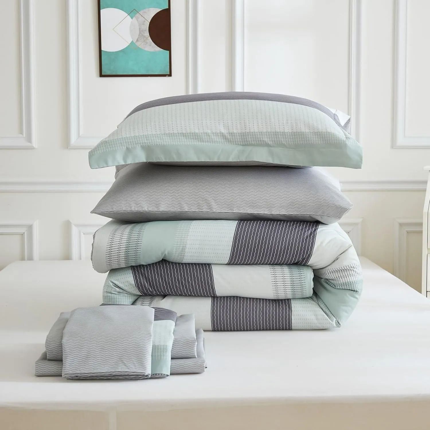 EMME Queen Comforter Set Sage Green, Bed in A Bag Striped, 7 Piece Bedding Sets Queen Size with Comforter, Sheets, Pillowcases&Shams, Soft Down Alternative Bed Set for All Season