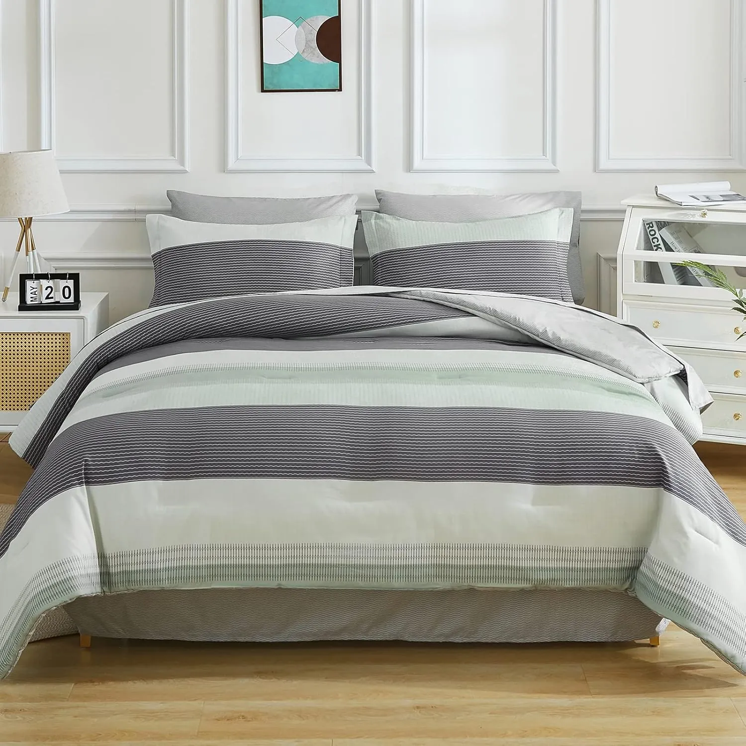 EMME Queen Comforter Set Sage Green, Bed in A Bag Striped, 7 Piece Bedding Sets Queen Size with Comforter, Sheets, Pillowcases&Shams, Soft Down Alternative Bed Set for All Season