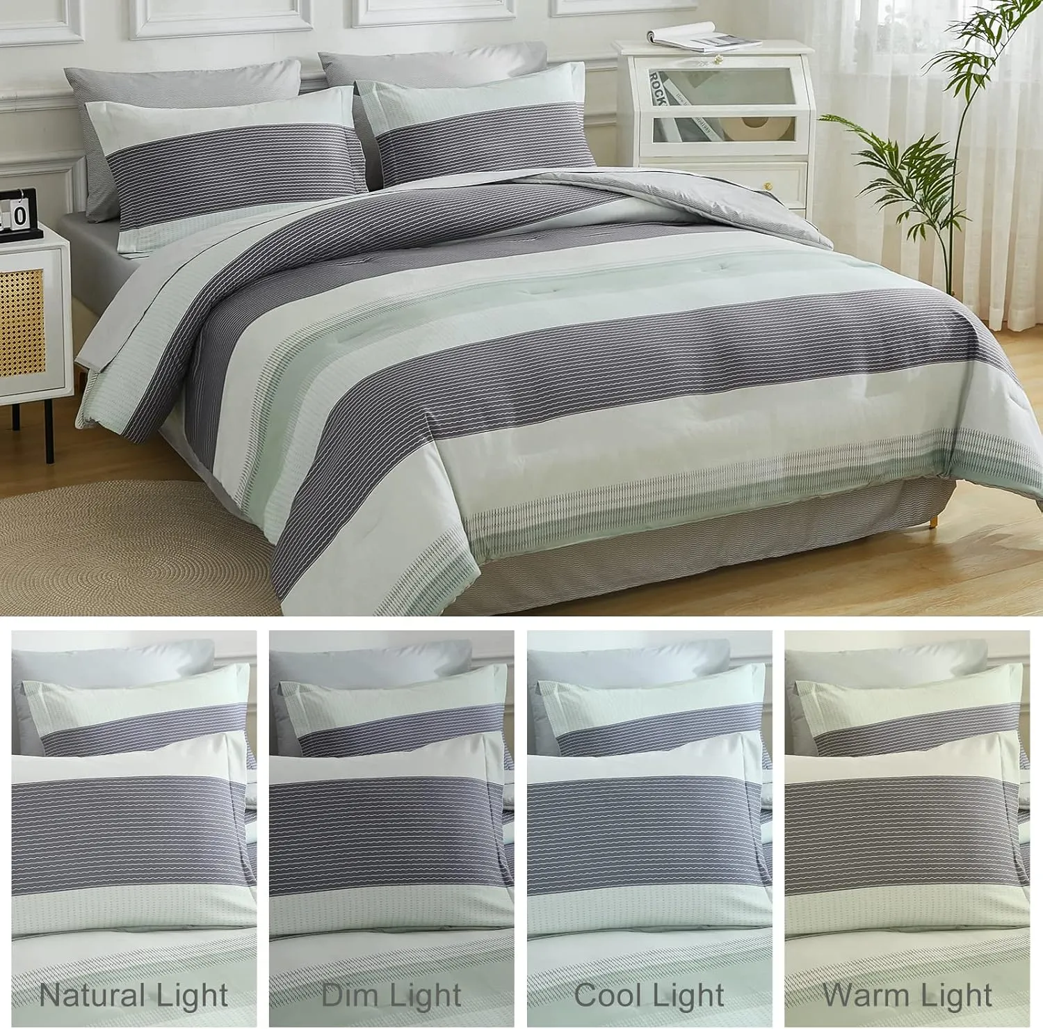 EMME Queen Comforter Set Sage Green, Bed in A Bag Striped, 7 Piece Bedding Sets Queen Size with Comforter, Sheets, Pillowcases&Shams, Soft Down Alternative Bed Set for All Season
