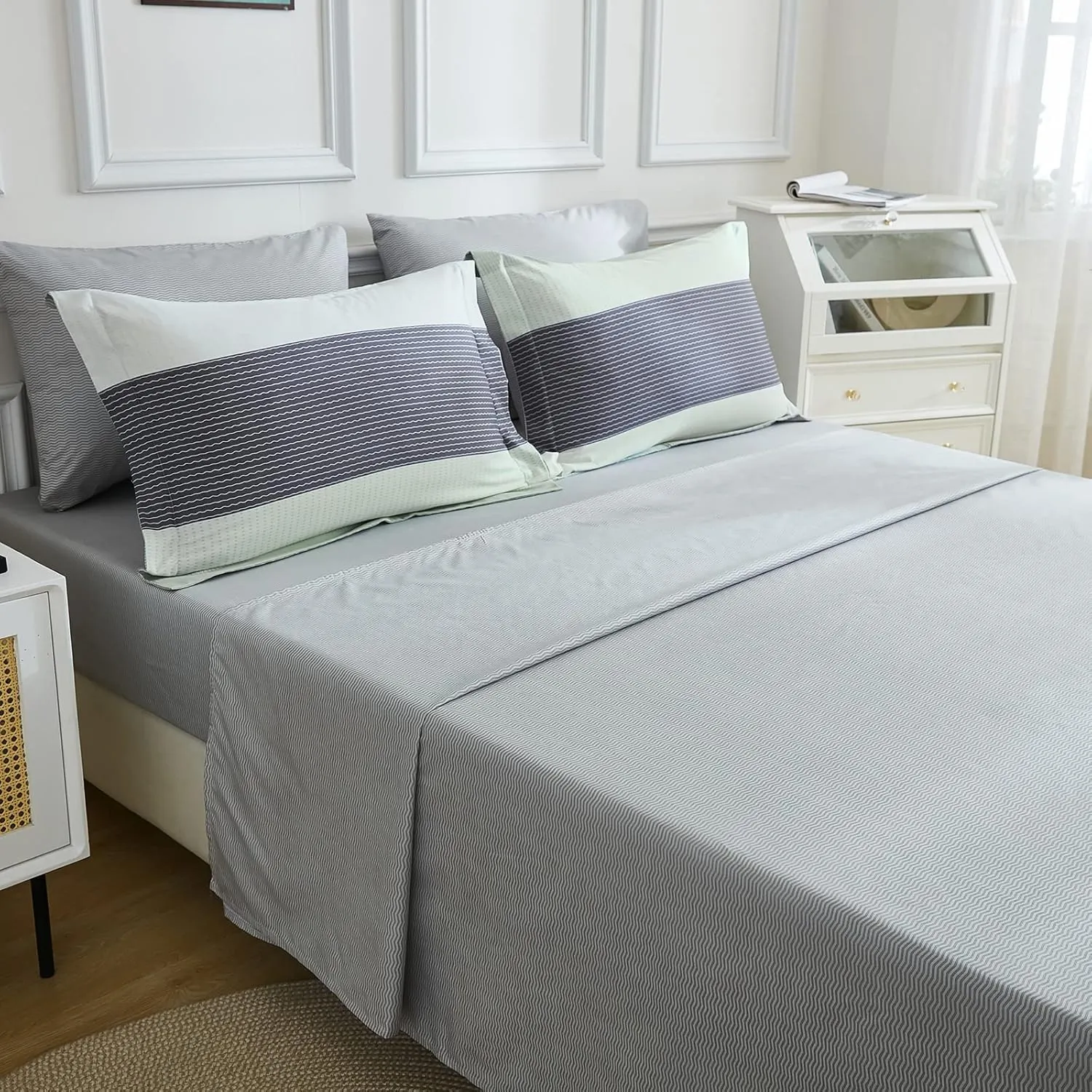 EMME Queen Comforter Set Sage Green, Bed in A Bag Striped, 7 Piece Bedding Sets Queen Size with Comforter, Sheets, Pillowcases&Shams, Soft Down Alternative Bed Set for All Season