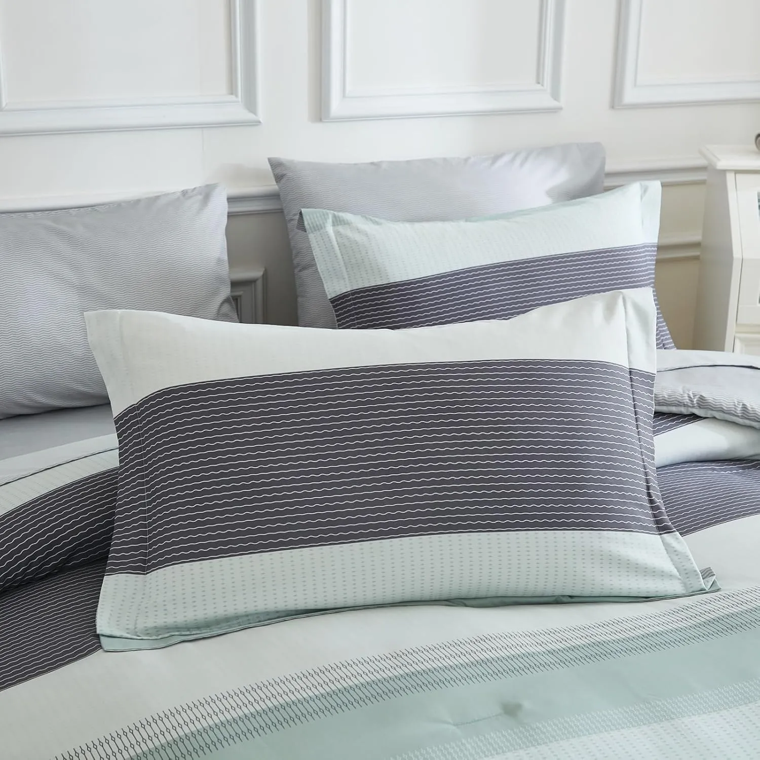 EMME Queen Comforter Set Sage Green, Bed in A Bag Striped, 7 Piece Bedding Sets Queen Size with Comforter, Sheets, Pillowcases&Shams, Soft Down Alternative Bed Set for All Season