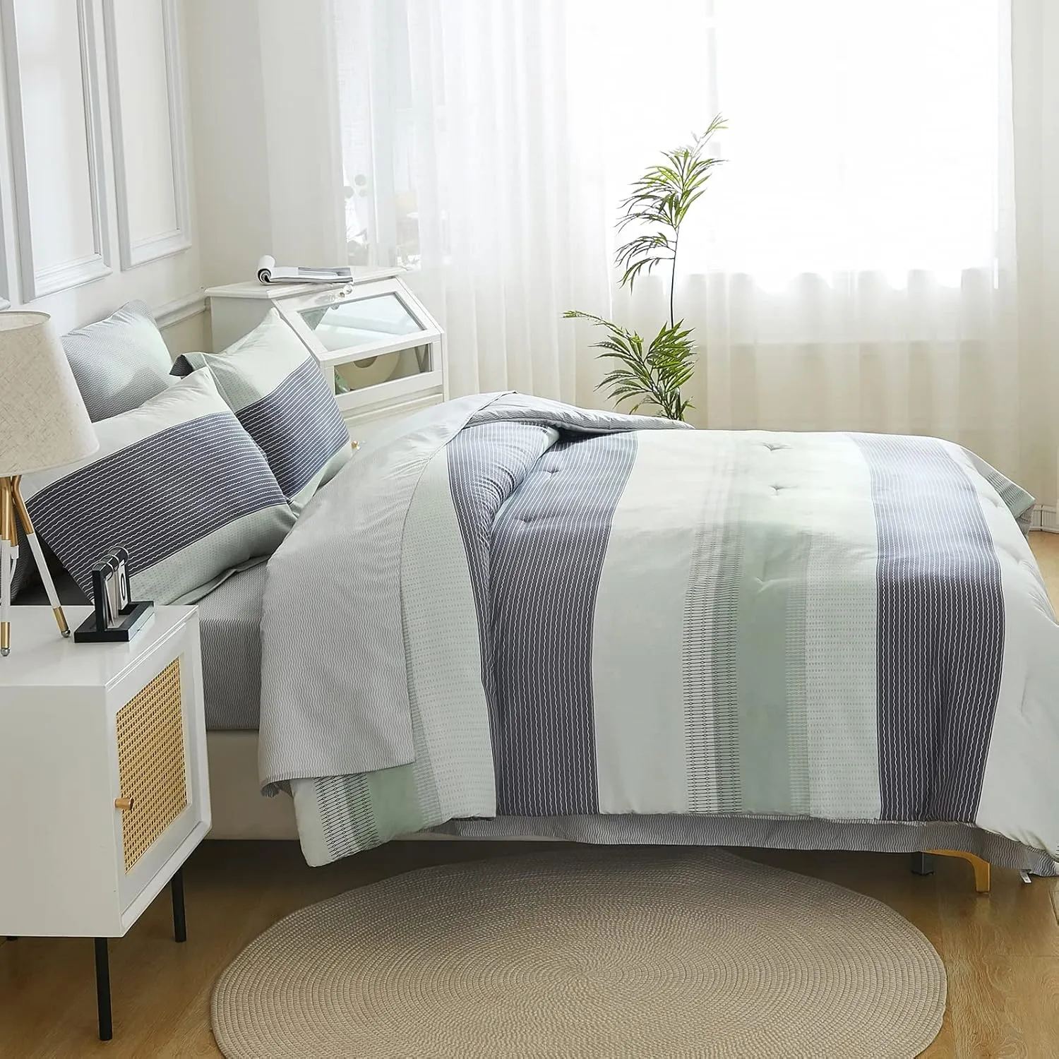 EMME Queen Comforter Set Sage Green, Bed in A Bag Striped, 7 Piece Bedding Sets Queen Size with Comforter, Sheets, Pillowcases&Shams, Soft Down Alternative Bed Set for All Season