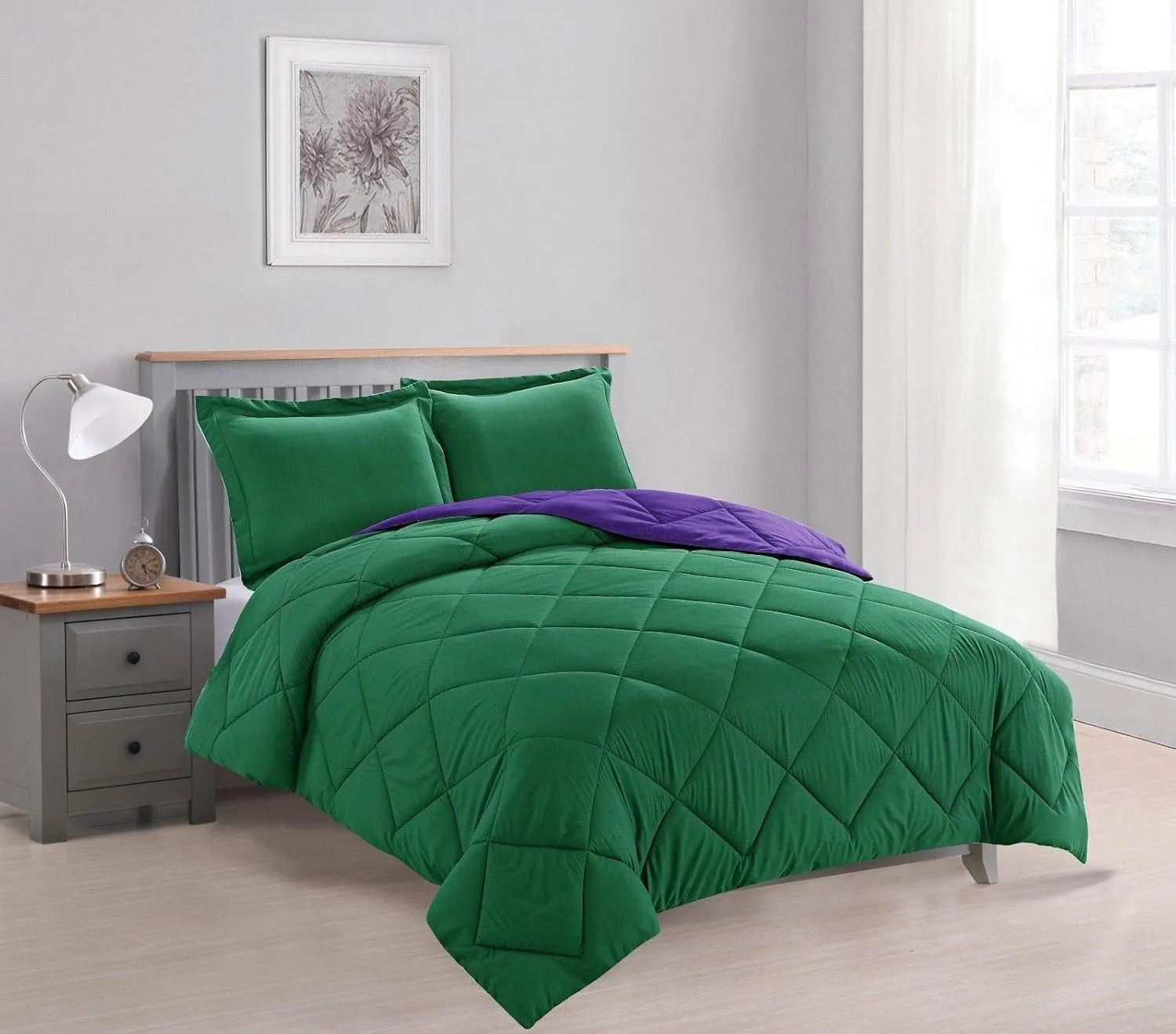 Empire Home Bed in A Bag Reversible Down Alternative All Season Comforter Set with Sheet Set Included !! (Hunter & Purple, Twin)