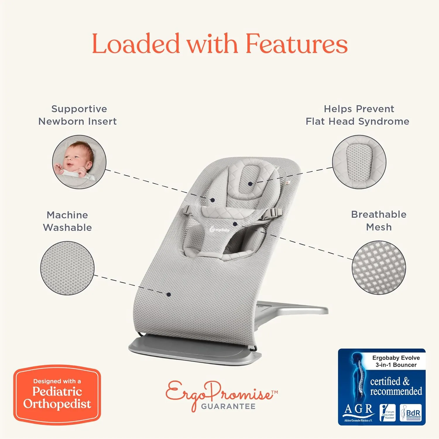 Ergobaby Evolve 3-in-1 Bouncer, Adjustable Multi Position Baby Bouncer Seat, Fits Newborn to Toddler, Oxford Blue