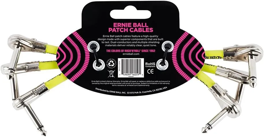 Ernie Ball Patch Cable 3-Pack, Flat Angle/Flat Angle, 6in, Black (P06059)