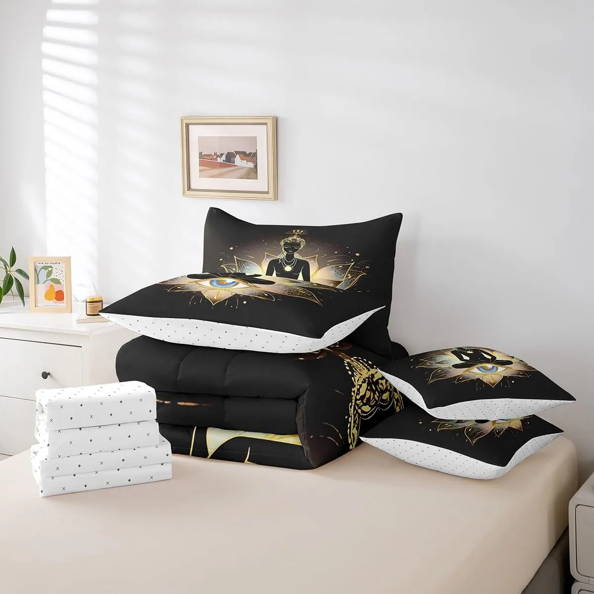 Erosebridal Bohemian Comforter Set Twin Size 7 Pcs Yoga Bedding Set with Sheet Set,Chakra Meditation Hamsa Eye Bed in A Bag Foe Adults Men Women Exotic Boho Bed Set Reversible