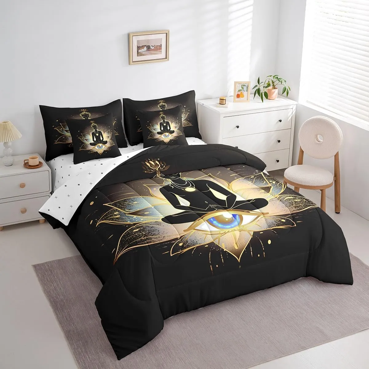 Erosebridal Bohemian Comforter Set Twin Size 7 Pcs Yoga Bedding Set with Sheet Set,Chakra Meditation Hamsa Eye Bed in A Bag Foe Adults Men Women Exotic Boho Bed Set Reversible