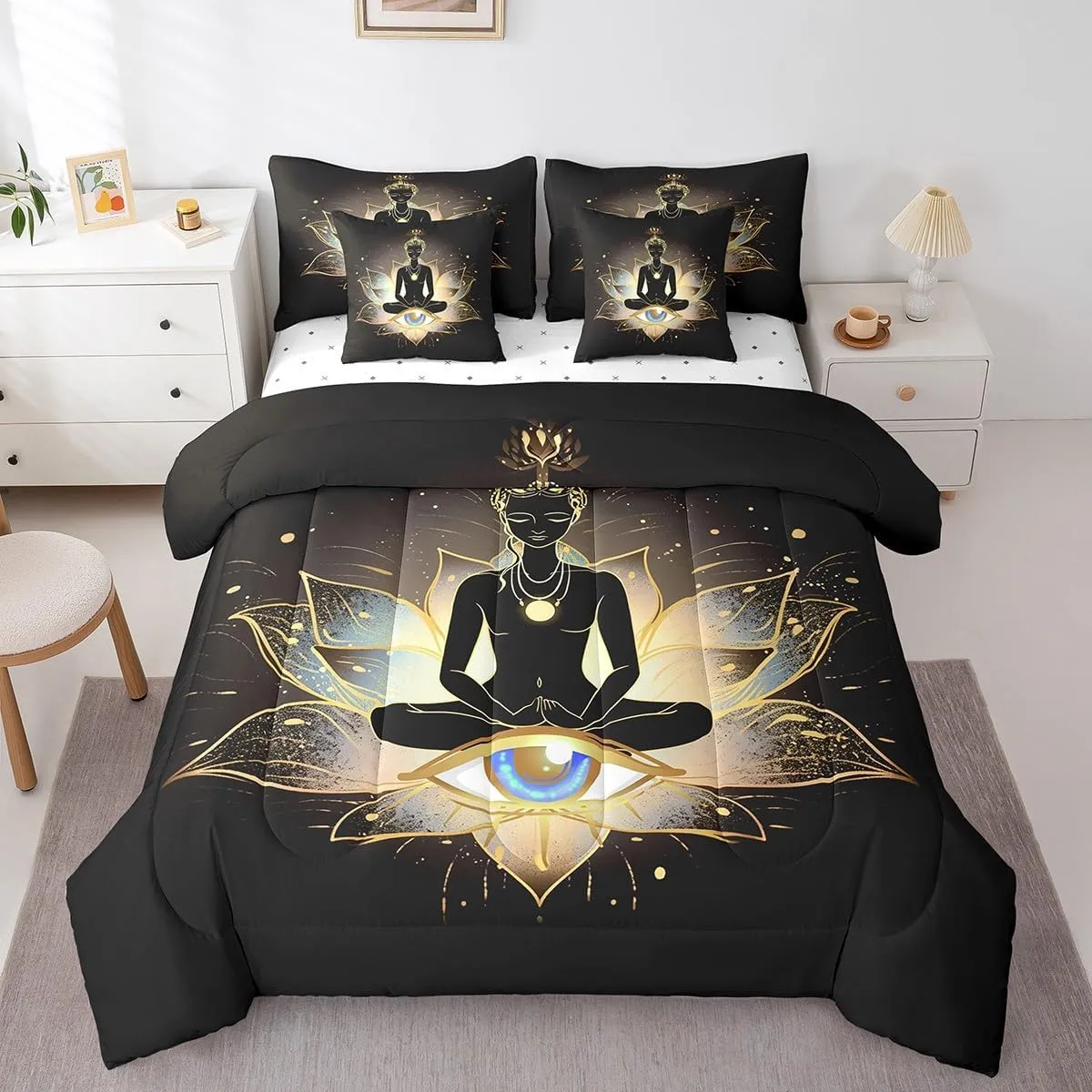 Erosebridal Bohemian Comforter Set Twin Size 7 Pcs Yoga Bedding Set with Sheet Set,Chakra Meditation Hamsa Eye Bed in A Bag Foe Adults Men Women Exotic Boho Bed Set Reversible