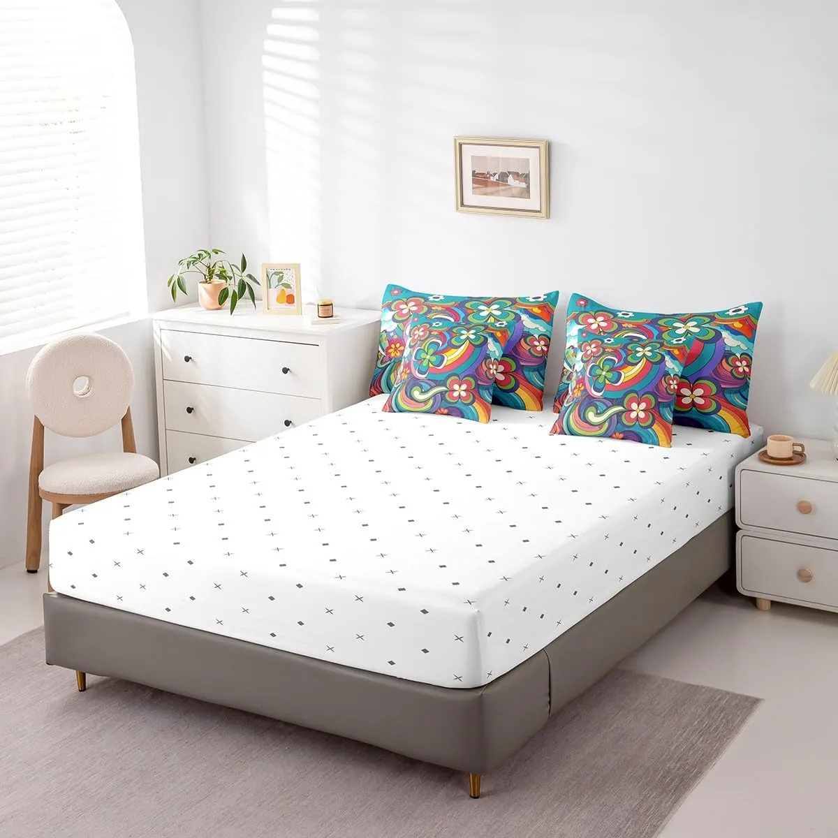Erosebridal Hippie Flower Bed in A Bag Queen,Groovy Floral Comforter Set 60S 70S Bedding Set for Kids Girls Adults Women,Retro Aesthetic Reversible Bedding Comforter Sets 7 Piece