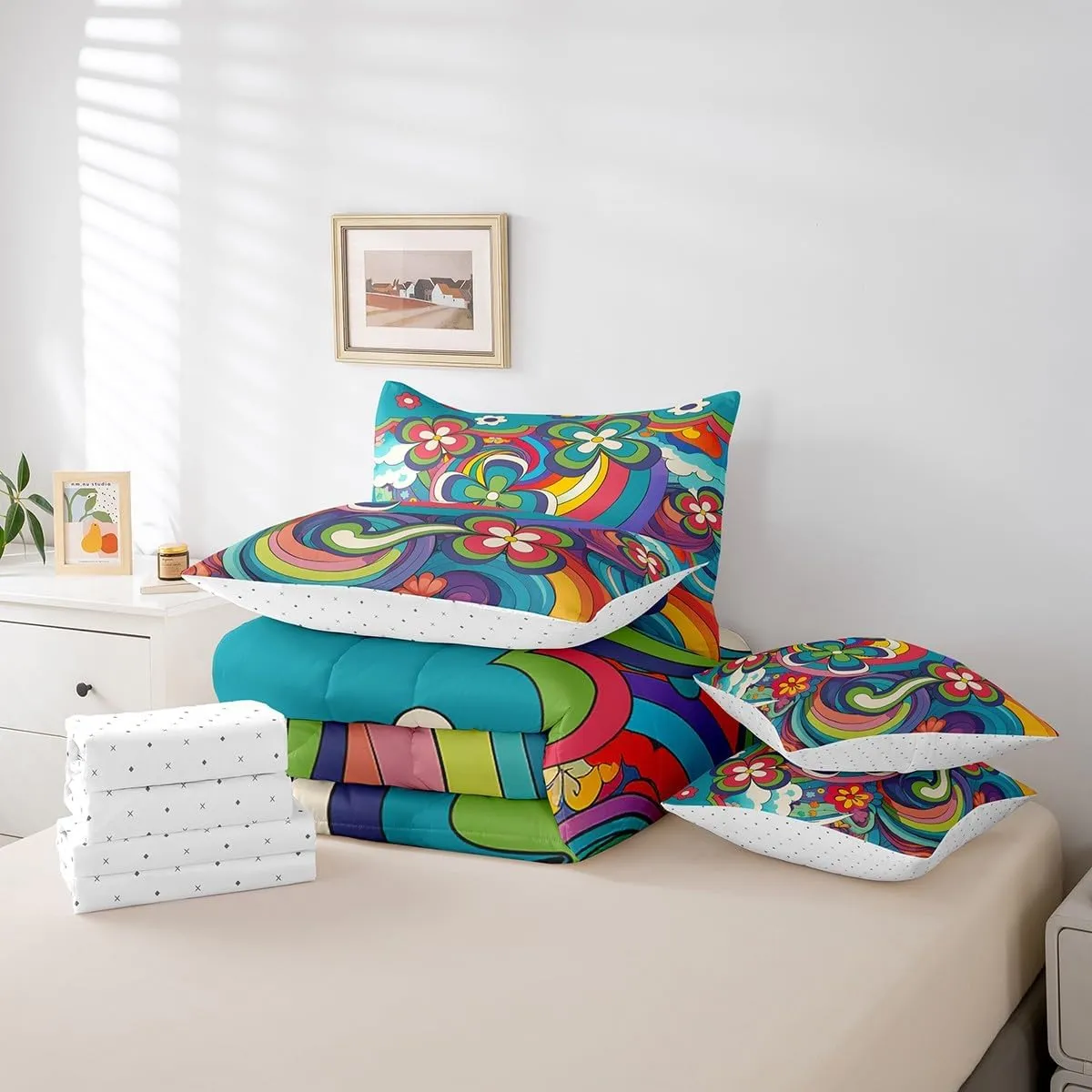 Erosebridal Hippie Flower Bed in A Bag Queen,Groovy Floral Comforter Set 60S 70S Bedding Set for Kids Girls Adults Women,Retro Aesthetic Reversible Bedding Comforter Sets 7 Piece