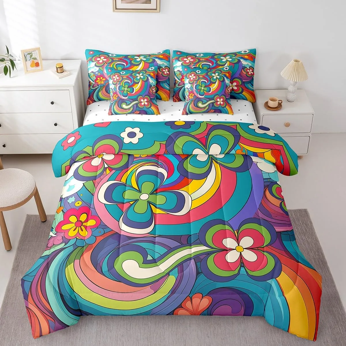Erosebridal Hippie Flower Bed in A Bag Queen,Groovy Floral Comforter Set 60S 70S Bedding Set for Kids Girls Adults Women,Retro Aesthetic Reversible Bedding Comforter Sets 7 Piece