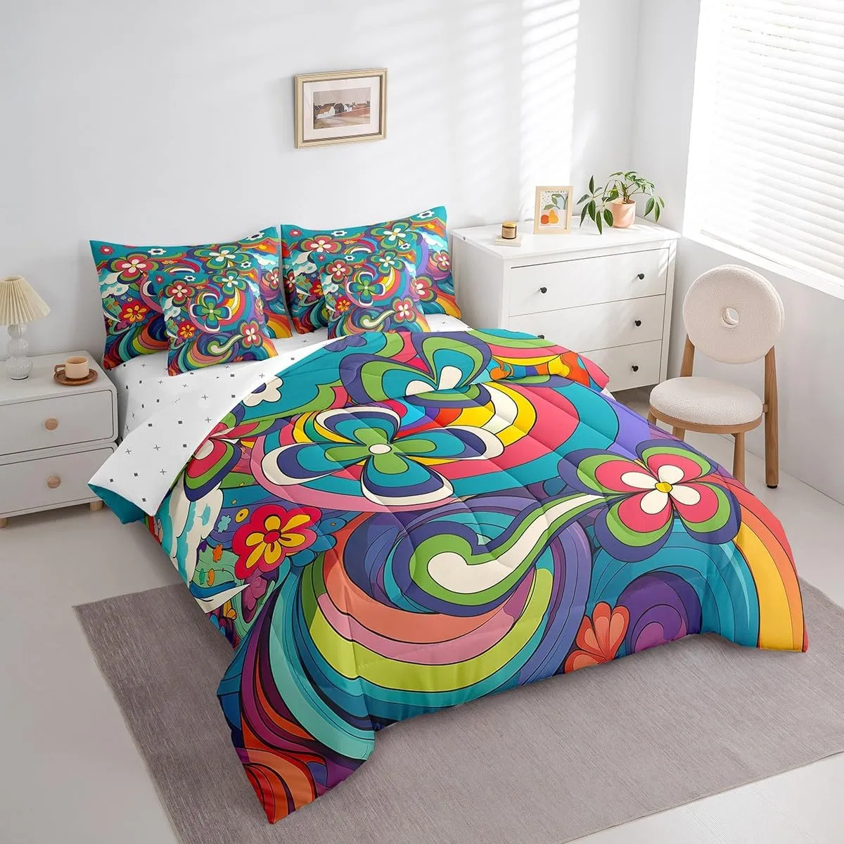 Erosebridal Hippie Flower Bed in A Bag Queen,Groovy Floral Comforter Set 60S 70S Bedding Set for Kids Girls Adults Women,Retro Aesthetic Reversible Bedding Comforter Sets 7 Piece
