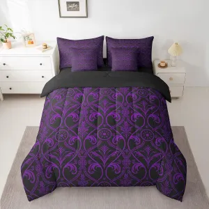 Erosebridal Purple Black Ombre Gothic Bedding Set King 7 Piece Vintage Goth Floral Damask Comforter Set Antique Victorian Baroque Bed in A Bag with Sheets Bohemian Exotic Reversible Bed Set
