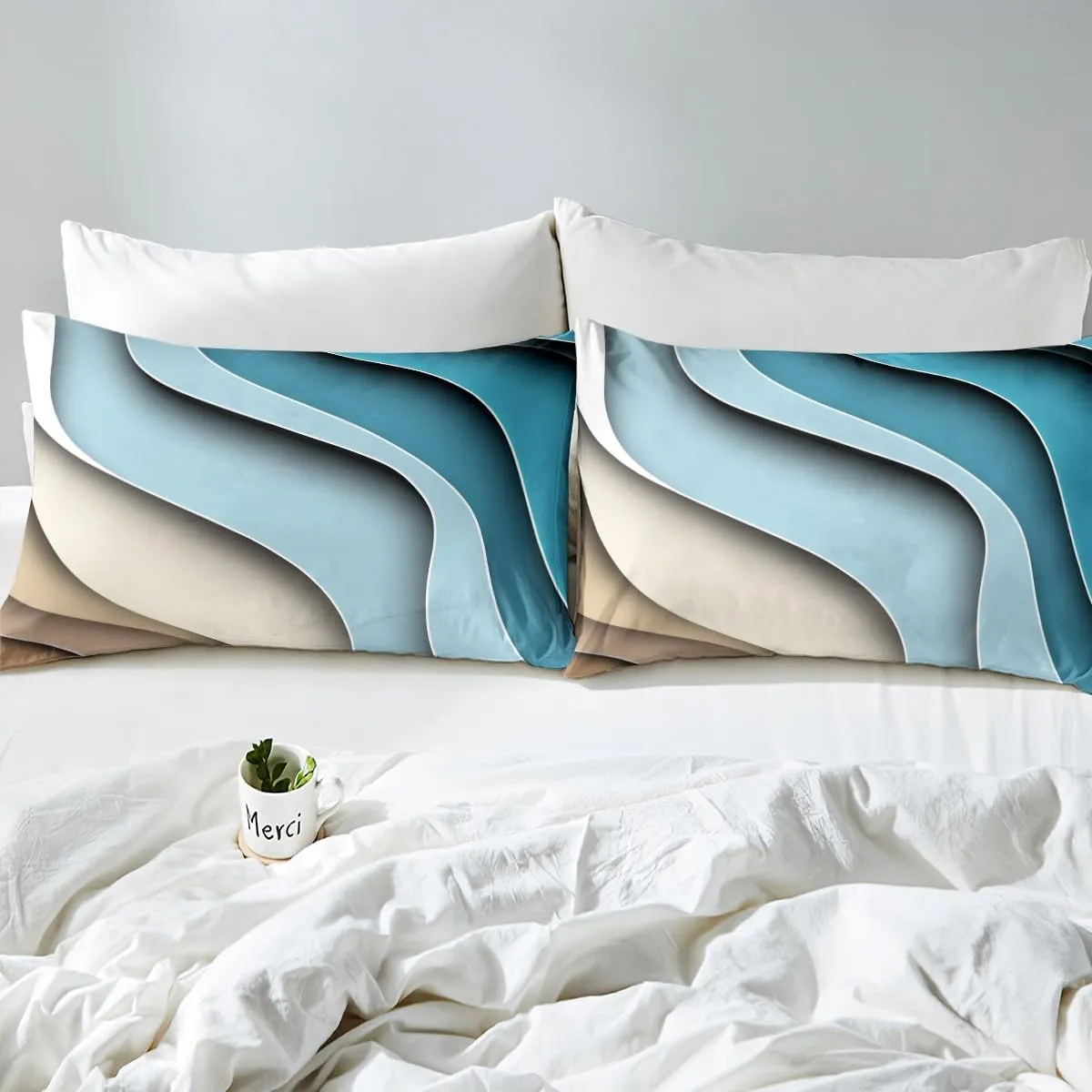 Erosebridal Sea Waves Sheet Sets Ocean Coastal Beach King Sheets Abstract Ocean Wave Bed Sheets Geometric Stripes Fitted Sheet Ultra Soft Cozy Microfiber Flat Sheet 4Pcs for Kids Teen Adults