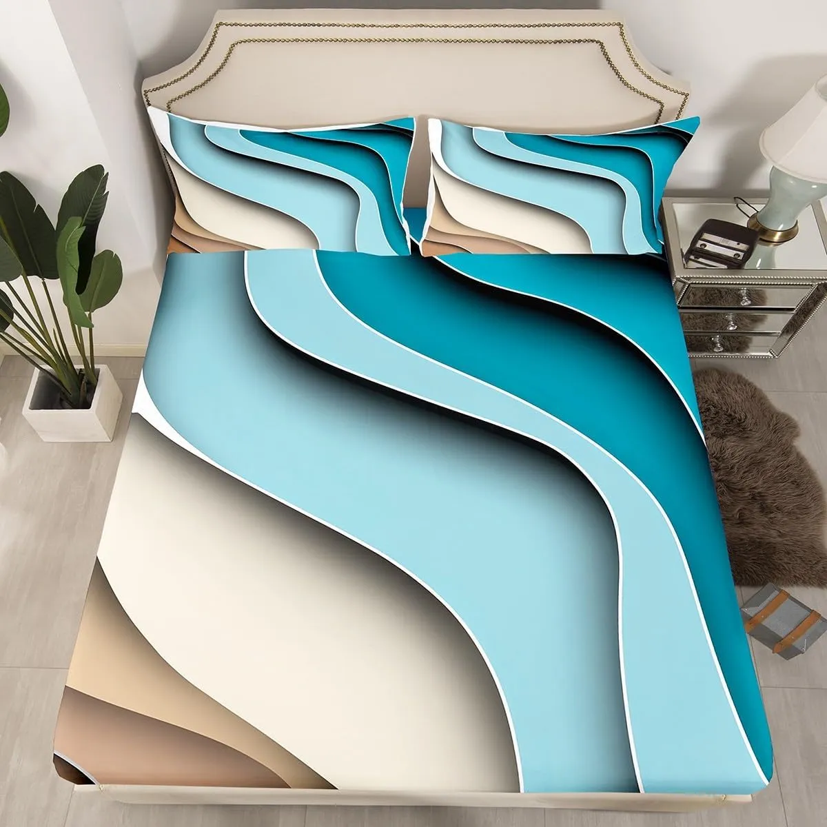 Erosebridal Sea Waves Sheet Sets Ocean Coastal Beach King Sheets Abstract Ocean Wave Bed Sheets Geometric Stripes Fitted Sheet Ultra Soft Cozy Microfiber Flat Sheet 4Pcs for Kids Teen Adults