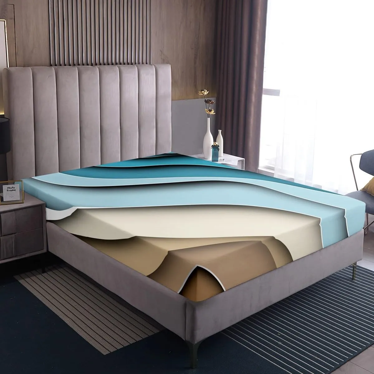 Erosebridal Sea Waves Sheet Sets Ocean Coastal Beach King Sheets Abstract Ocean Wave Bed Sheets Geometric Stripes Fitted Sheet Ultra Soft Cozy Microfiber Flat Sheet 4Pcs for Kids Teen Adults