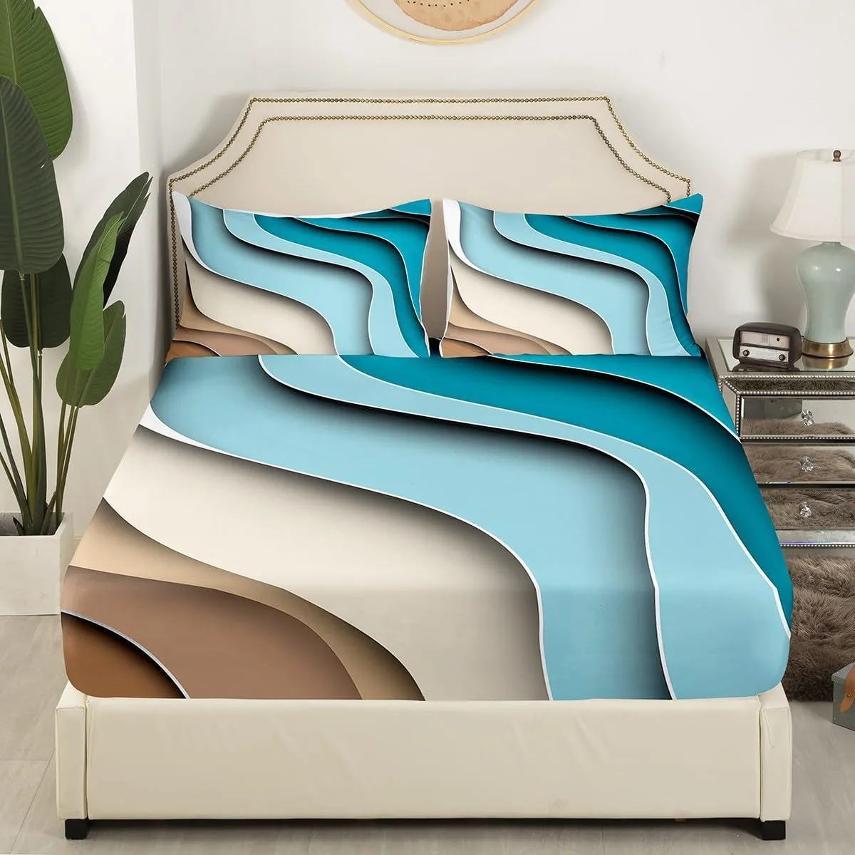 Erosebridal Sea Waves Sheet Sets Ocean Coastal Beach King Sheets Abstract Ocean Wave Bed Sheets Geometric Stripes Fitted Sheet Ultra Soft Cozy Microfiber Flat Sheet 4Pcs for Kids Teen Adults