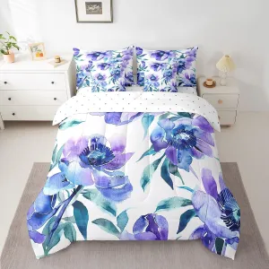 Erosebridal Watercolor Floral Queen Comforter Set with Sheets 7 Piece,Purple Blue Flower Bed in A Bag for Kids Adults Green Plant Leaves Bedding Set Aesthetics Nature Blossom Bed Set