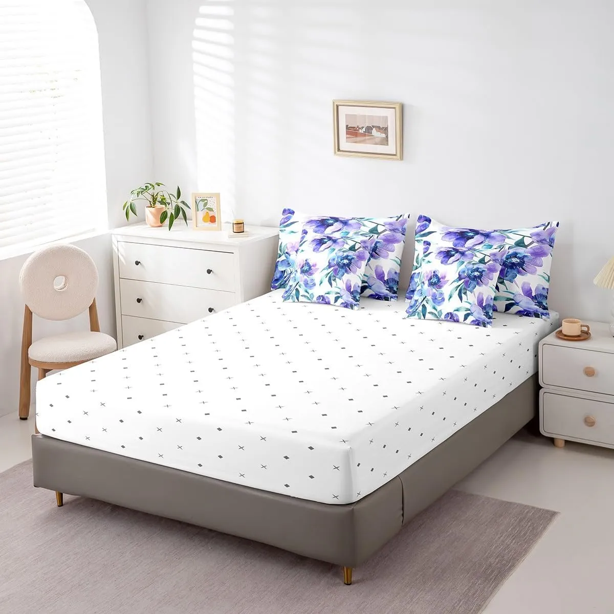 Erosebridal Watercolor Floral Queen Comforter Set with Sheets 7 Piece,Purple Blue Flower Bed in A Bag for Kids Adults Green Plant Leaves Bedding Set Aesthetics Nature Blossom Bed Set