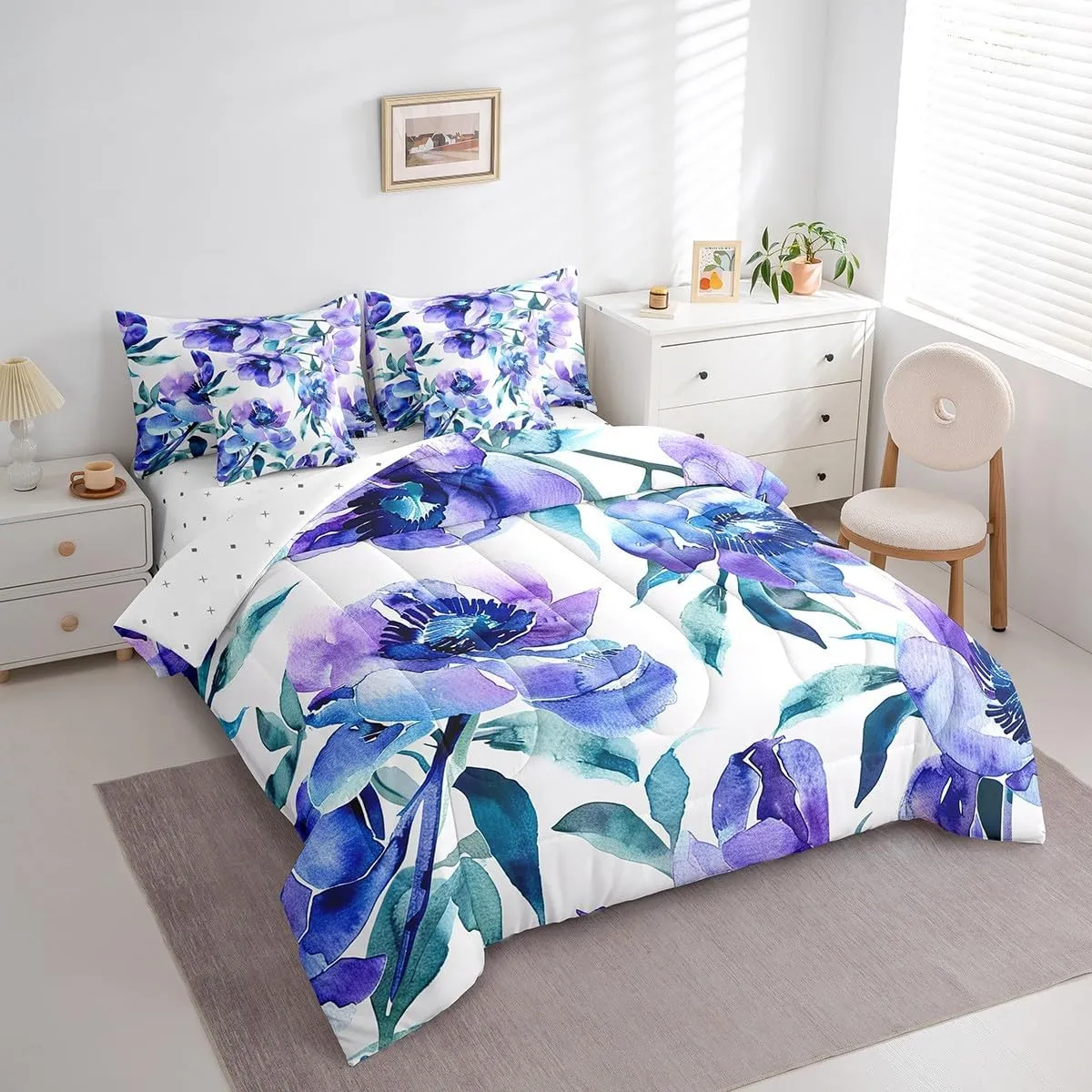 Erosebridal Watercolor Floral Queen Comforter Set with Sheets 7 Piece,Purple Blue Flower Bed in A Bag for Kids Adults Green Plant Leaves Bedding Set Aesthetics Nature Blossom Bed Set
