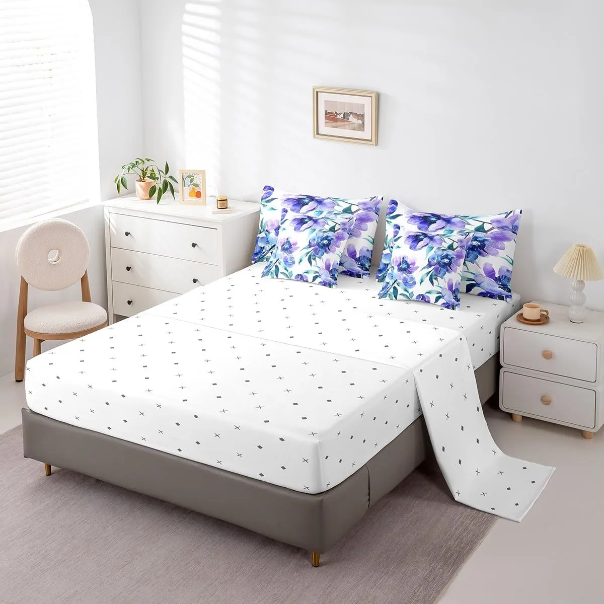 Erosebridal Watercolor Floral Queen Comforter Set with Sheets 7 Piece,Purple Blue Flower Bed in A Bag for Kids Adults Green Plant Leaves Bedding Set Aesthetics Nature Blossom Bed Set