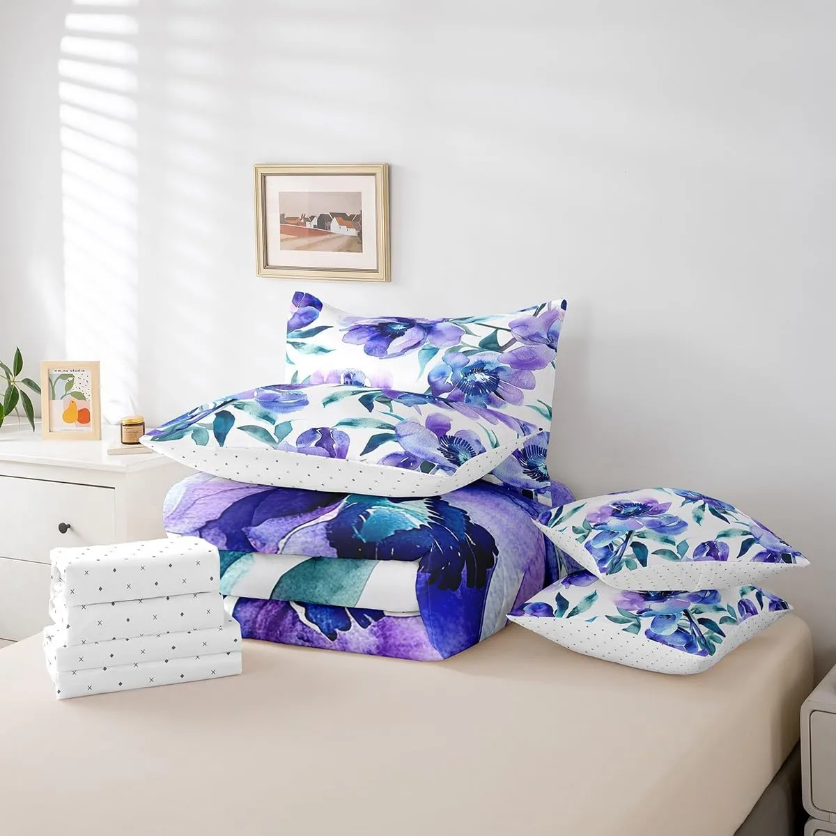 Erosebridal Watercolor Floral Queen Comforter Set with Sheets 7 Piece,Purple Blue Flower Bed in A Bag for Kids Adults Green Plant Leaves Bedding Set Aesthetics Nature Blossom Bed Set