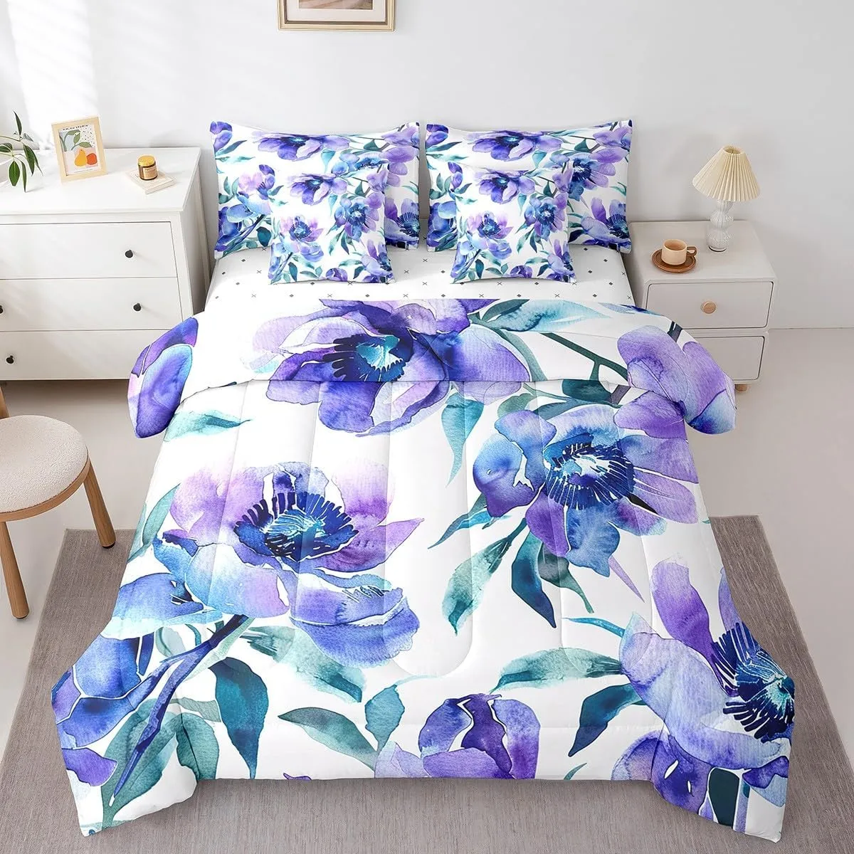 Erosebridal Watercolor Floral Queen Comforter Set with Sheets 7 Piece,Purple Blue Flower Bed in A Bag for Kids Adults Green Plant Leaves Bedding Set Aesthetics Nature Blossom Bed Set
