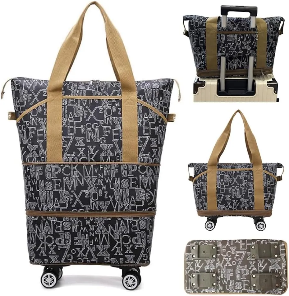 Expandable Carry Luggage Bag with Wheels Foldable Rolling Duffle Bag Large Capacity Dry Wet Separation Travel Bag Lightweight Suitcases for Men Women(Black brown)