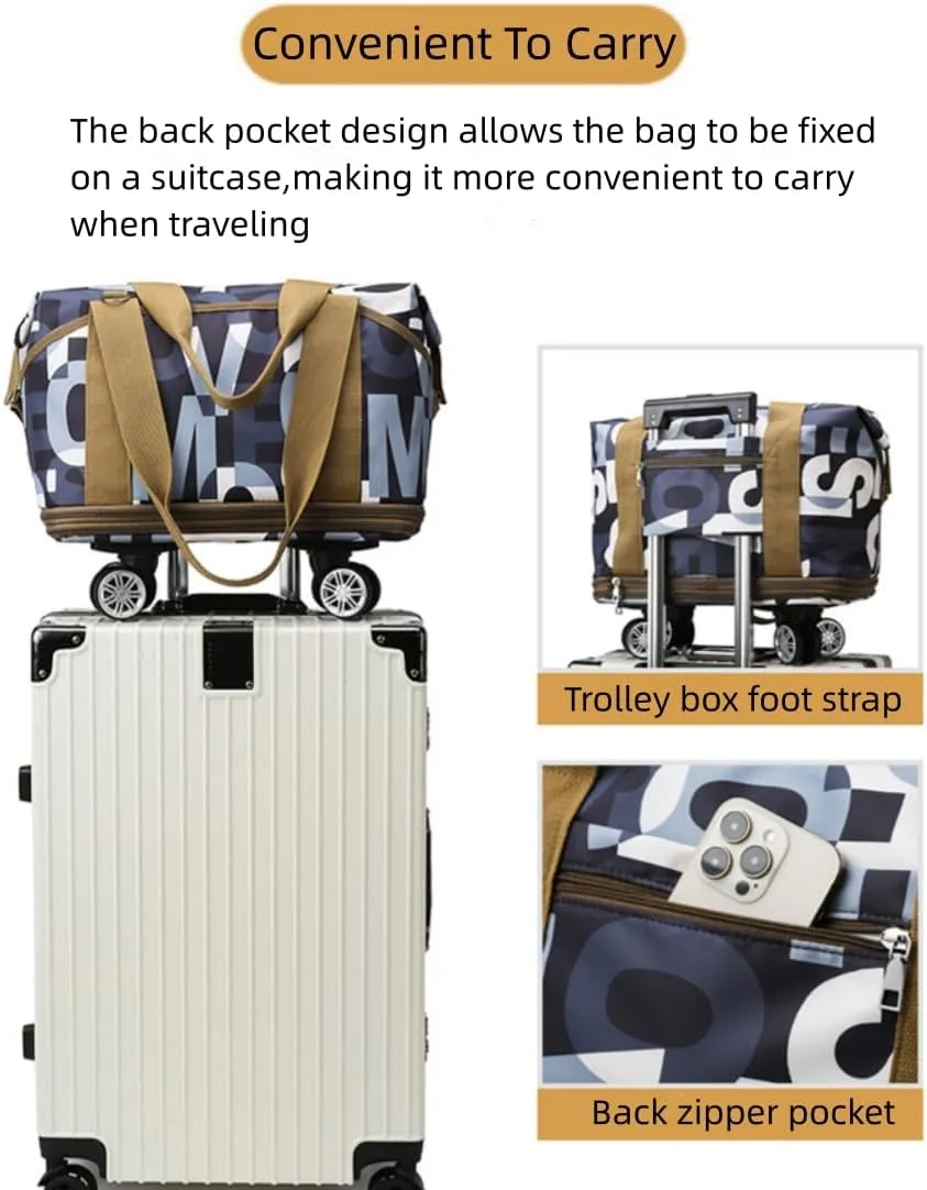 Expandable Carry Luggage Bag with Wheels Foldable Rolling Duffle Bag Large Capacity Dry Wet Separation Travel Bag Lightweight Suitcases for Men Women(Black brown)