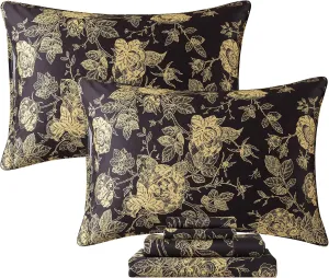 FADFAY Rose Sheets Set King Vintage Black Gold Floral Bedding Shabby Peony Botanical Sheets Luxury Farmhouse Bedding 800 Thread Count 100% Egyptian Cotton Deep Pocket Fitted Sheet 4Pcs, King Size