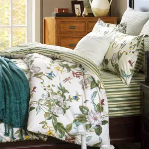 FADFAY Shabby Floral Bedding Set King Size 7Pcs 100% Cotton Green Cream Flower Bed Sheets with Duvet Cover Set, Complete Bedding Bed in a Bag Vintage Countryside Ultra Soft Deep Pocket Fitted Sheets