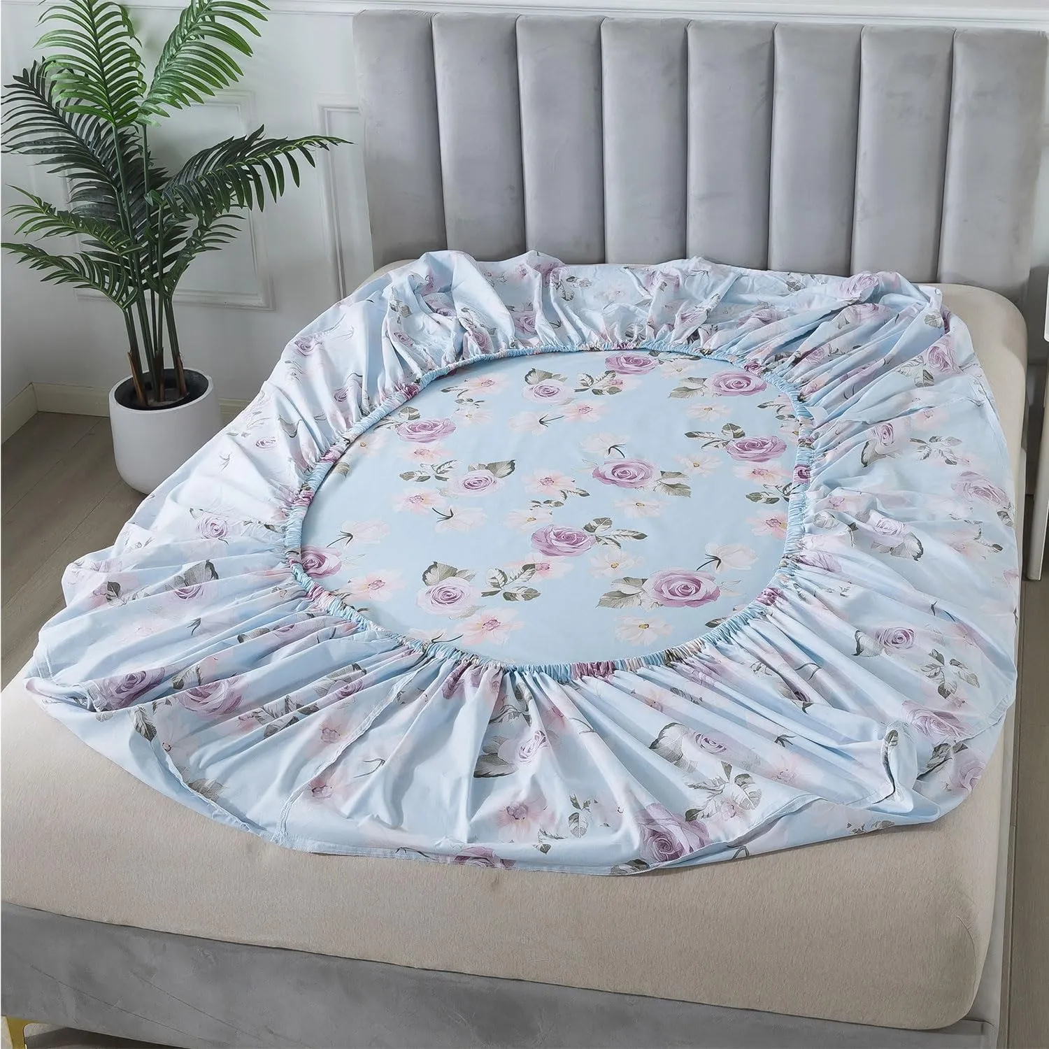 FADFAY Twin Sheets Set Percale Cotton Pink Floral Bed Sheets Deep Pocket Fitted Sheet, Luxury Blue Vintage Rose Flower Printed Shabby Bedding for All Season, Super Soft Crisp & Cool, 4 Pcs
