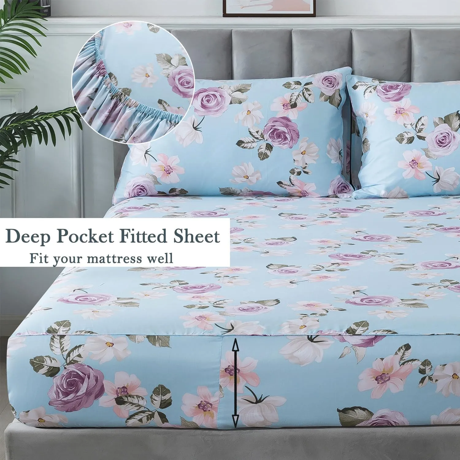 FADFAY Twin Sheets Set Percale Cotton Pink Floral Bed Sheets Deep Pocket Fitted Sheet, Luxury Blue Vintage Rose Flower Printed Shabby Bedding for All Season, Super Soft Crisp & Cool, 4 Pcs