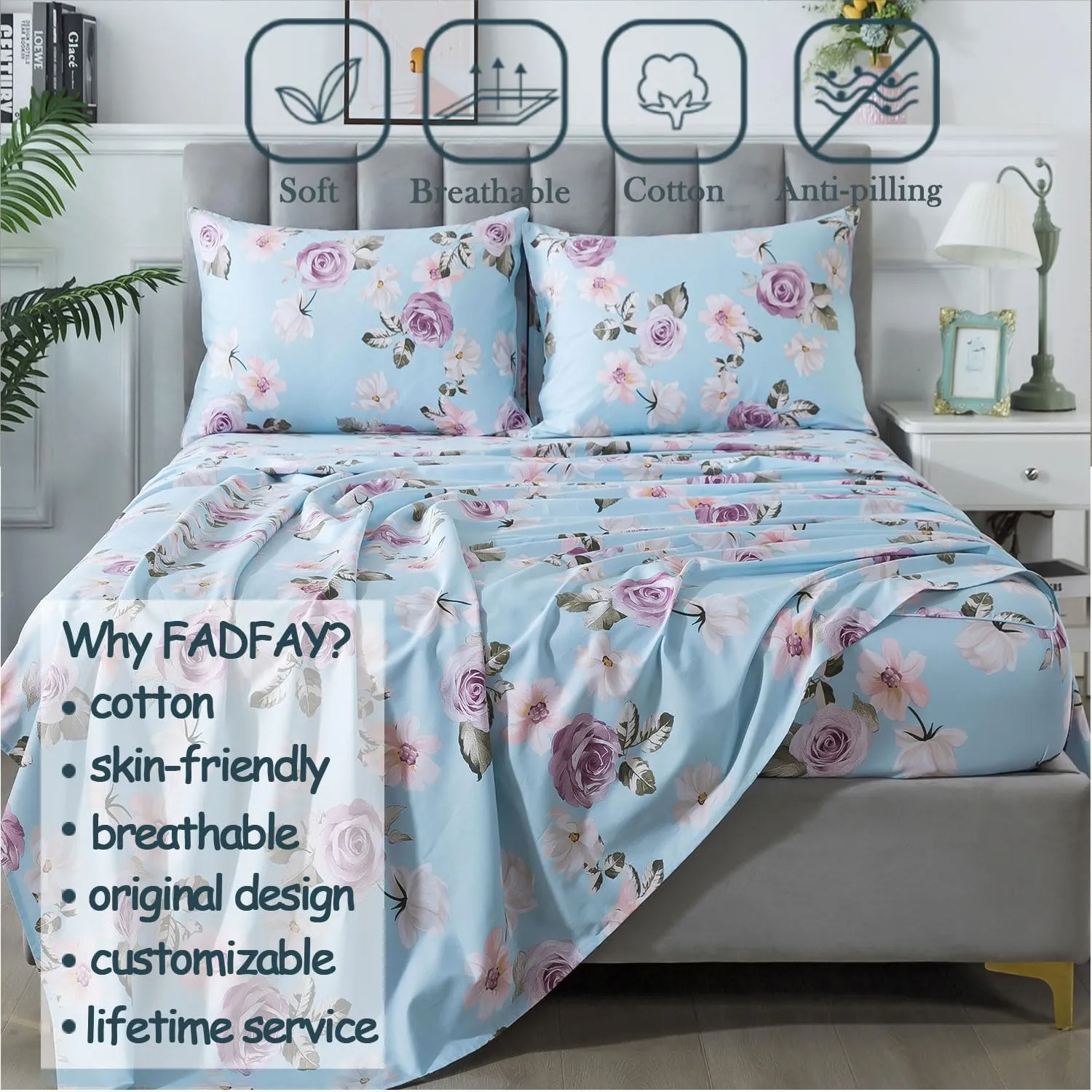 FADFAY Twin Sheets Set Percale Cotton Pink Floral Bed Sheets Deep Pocket Fitted Sheet, Luxury Blue Vintage Rose Flower Printed Shabby Bedding for All Season, Super Soft Crisp & Cool, 4 Pcs