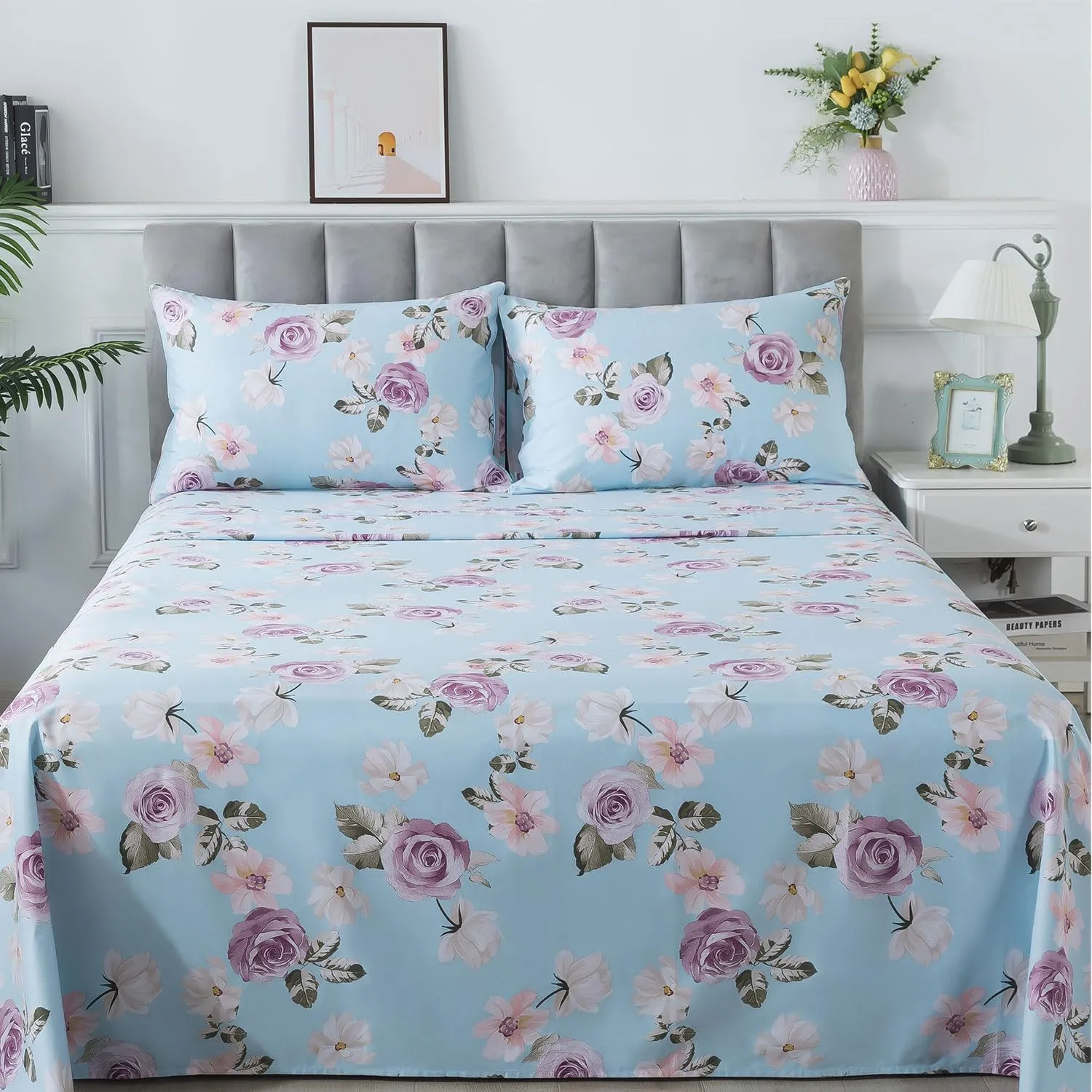 FADFAY Twin Sheets Set Percale Cotton Pink Floral Bed Sheets Deep Pocket Fitted Sheet, Luxury Blue Vintage Rose Flower Printed Shabby Bedding for All Season, Super Soft Crisp & Cool, 4 Pcs