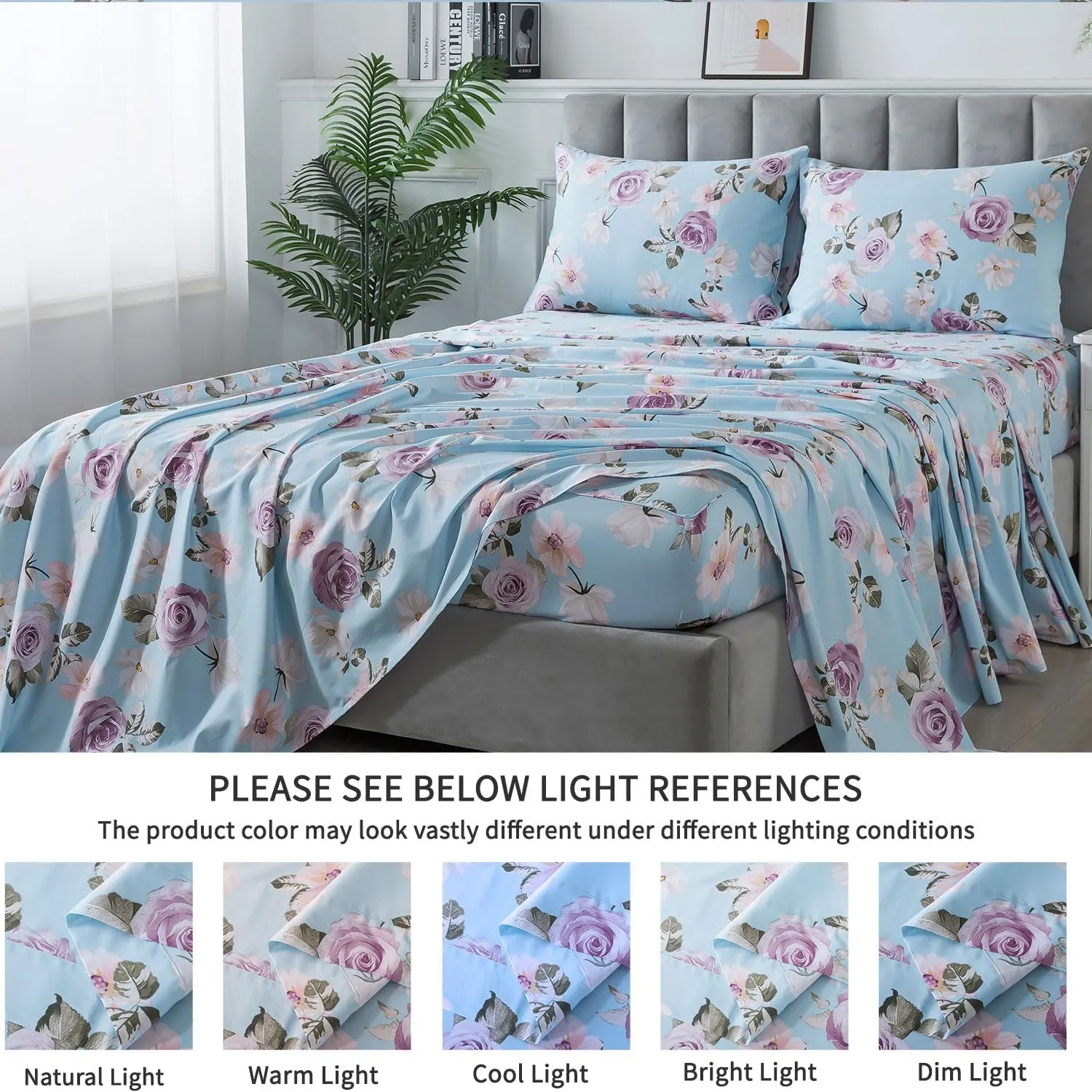 FADFAY Twin Sheets Set Percale Cotton Pink Floral Bed Sheets Deep Pocket Fitted Sheet, Luxury Blue Vintage Rose Flower Printed Shabby Bedding for All Season, Super Soft Crisp & Cool, 4 Pcs