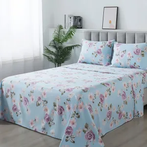 FADFAY Twin Sheets Set Percale Cotton Pink Floral Bed Sheets Deep Pocket Fitted Sheet, Luxury Blue Vintage Rose Flower Printed Shabby Bedding for All Season, Super Soft Crisp & Cool, 4 Pcs