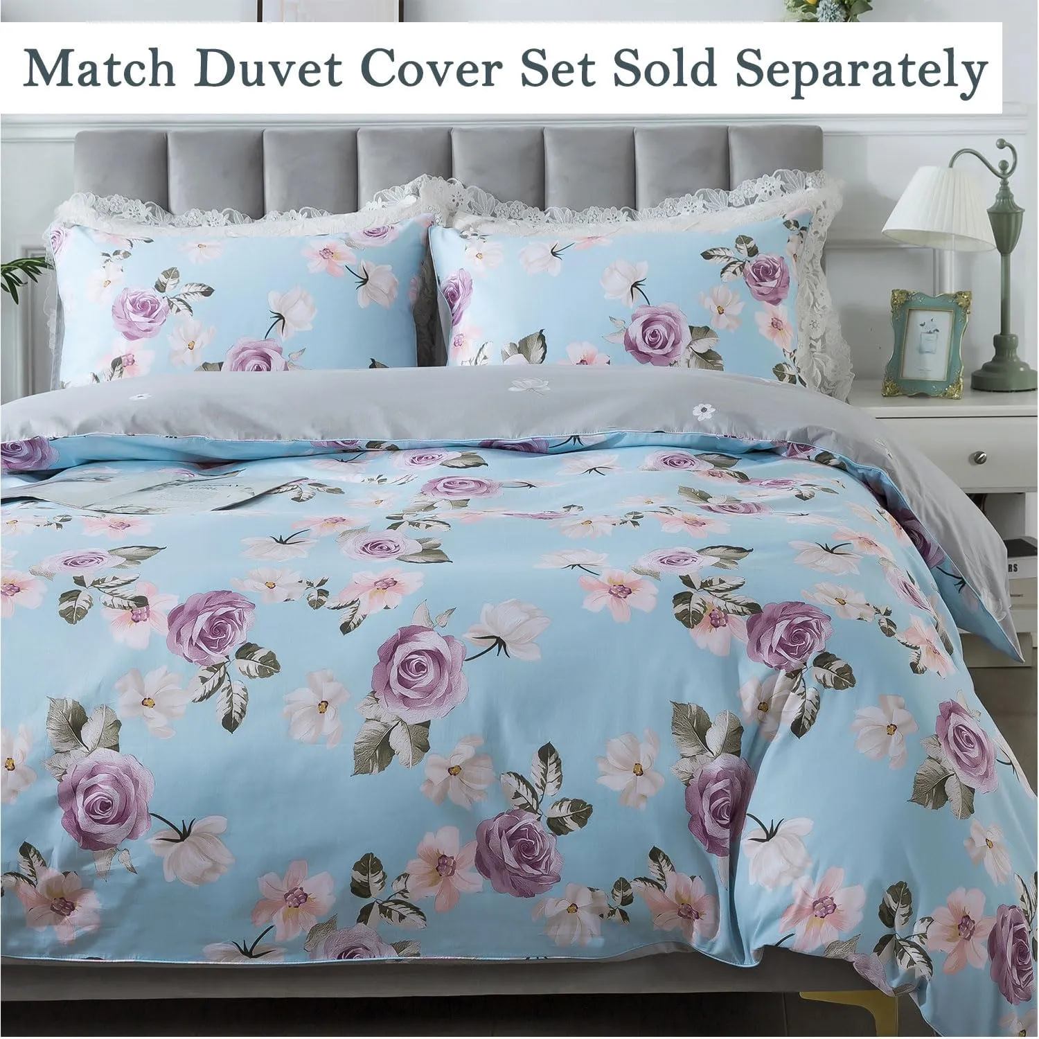 FADFAY Twin Sheets Set Percale Cotton Pink Floral Bed Sheets Deep Pocket Fitted Sheet, Luxury Blue Vintage Rose Flower Printed Shabby Bedding for All Season, Super Soft Crisp & Cool, 4 Pcs