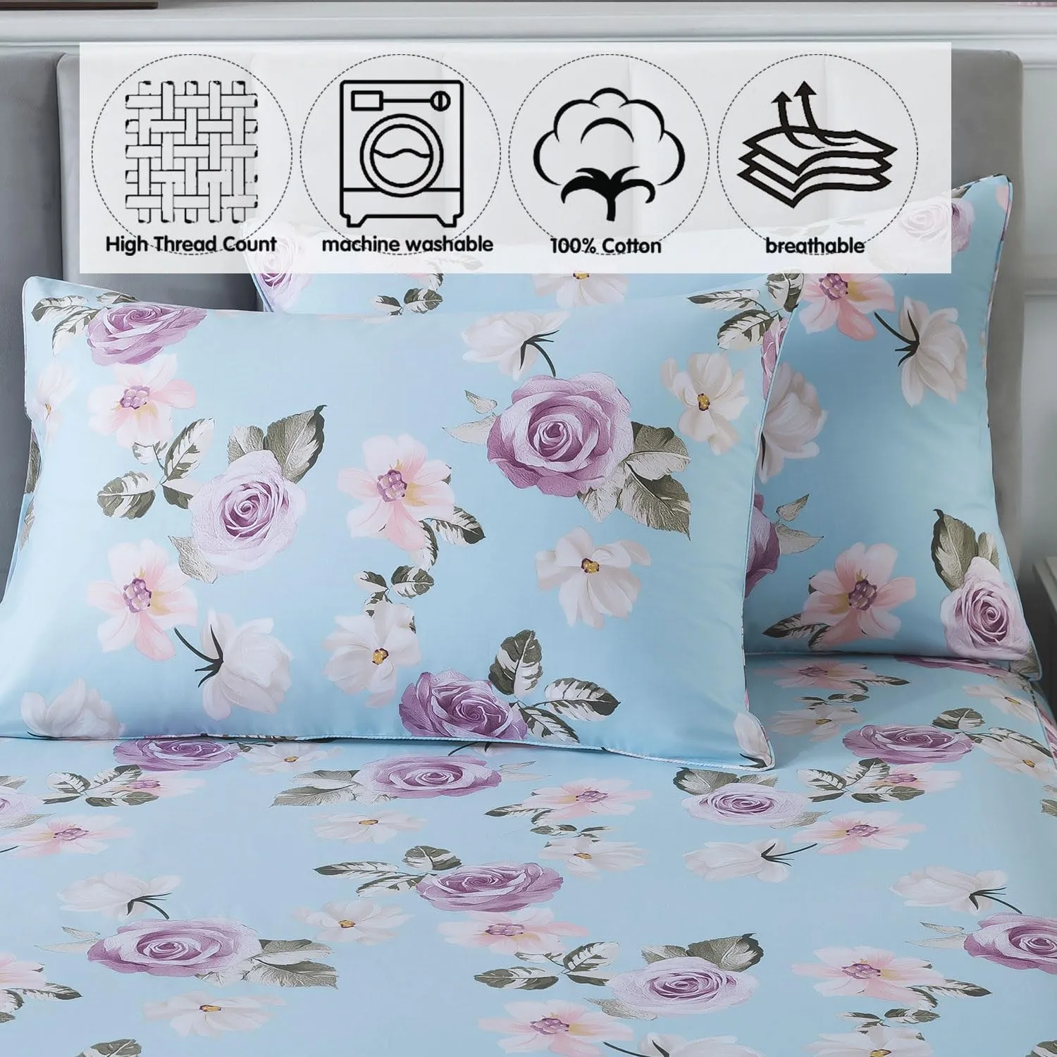 FADFAY Twin Sheets Set Percale Cotton Pink Floral Bed Sheets Deep Pocket Fitted Sheet, Luxury Blue Vintage Rose Flower Printed Shabby Bedding for All Season, Super Soft Crisp & Cool, 4 Pcs