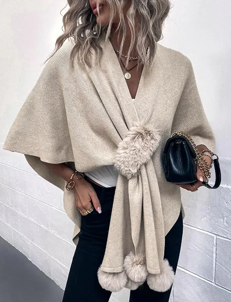 Fashion Cape Shawls for Women Faux Fur Pom Pashmina Wrap Large Scarves Open Front Poncho Cape Soft Cardigan Sweaters