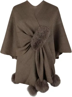 Fashion Cape Shawls for Women Faux Fur Pom Pashmina Wrap Large Scarves Open Front Poncho Cape Soft Cardigan Sweaters