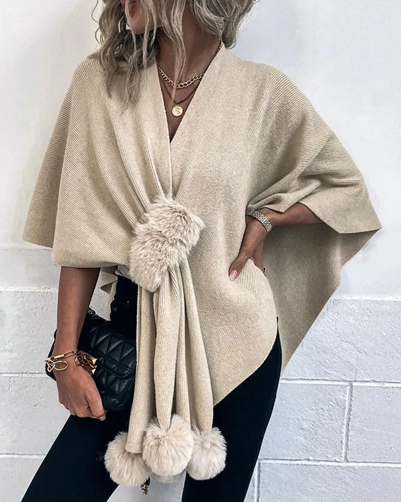 Fashion Cape Shawls for Women Faux Fur Pom Pashmina Wrap Large Scarves Open Front Poncho Cape Soft Cardigan Sweaters