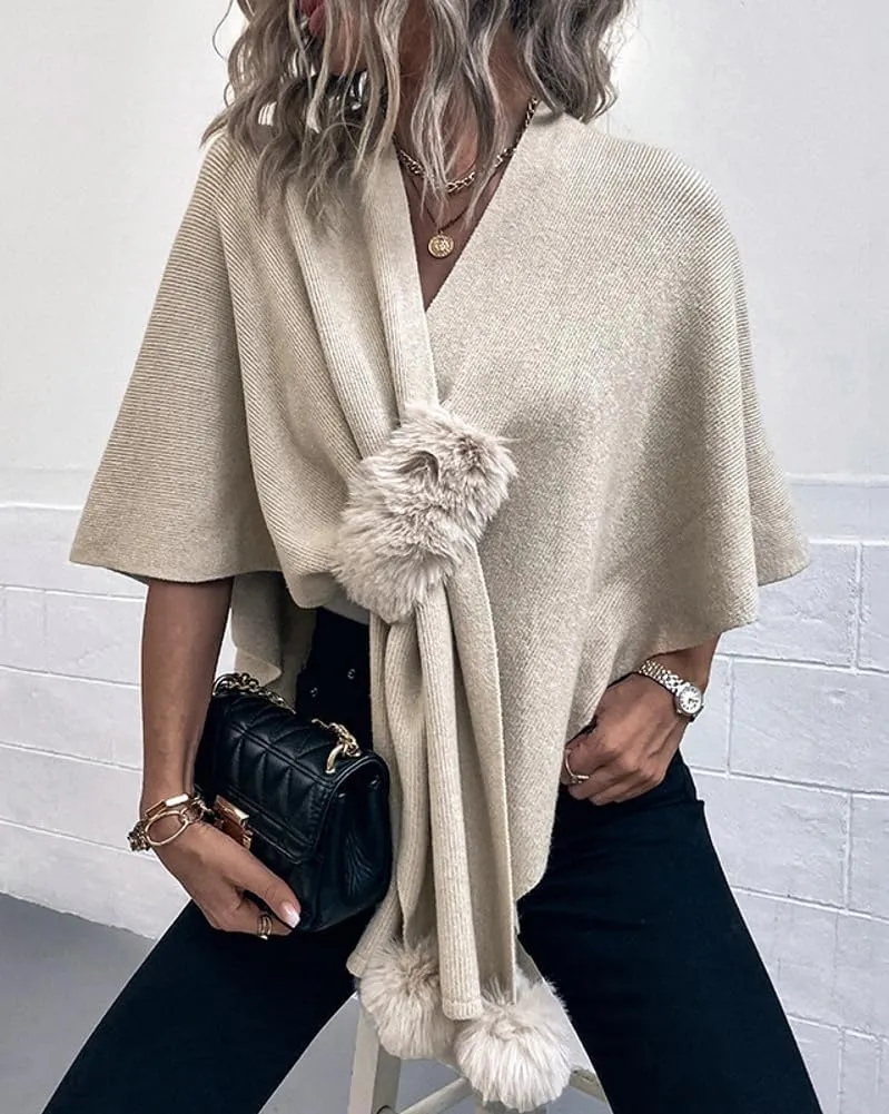 Fashion Cape Shawls for Women Faux Fur Pom Pashmina Wrap Large Scarves Open Front Poncho Cape Soft Cardigan Sweaters