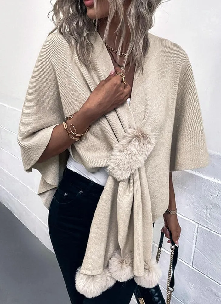 Fashion Cape Shawls for Women Faux Fur Pom Pashmina Wrap Large Scarves Open Front Poncho Cape Soft Cardigan Sweaters