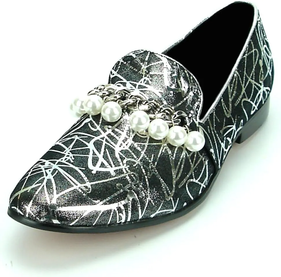 FI-7215 Mens Leather Loafer with Chain and Pearls