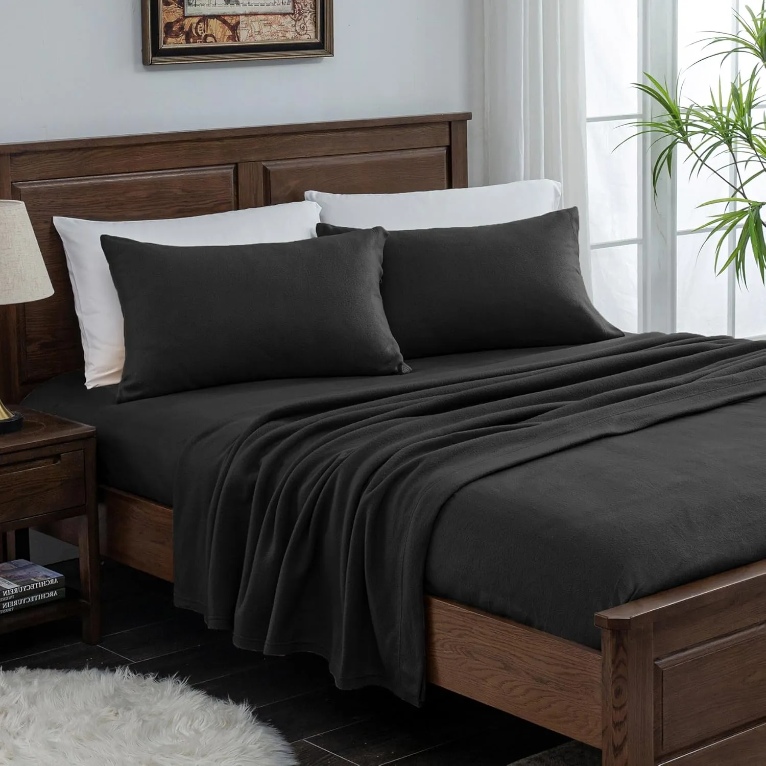 Fleece Twin Sheets Set 3-Piece Micro Polar Fleece Bed Sets with 15" Deep Pocket Fitted Soft Warm Sheet, Flat Sheet and Pillowcase, Black