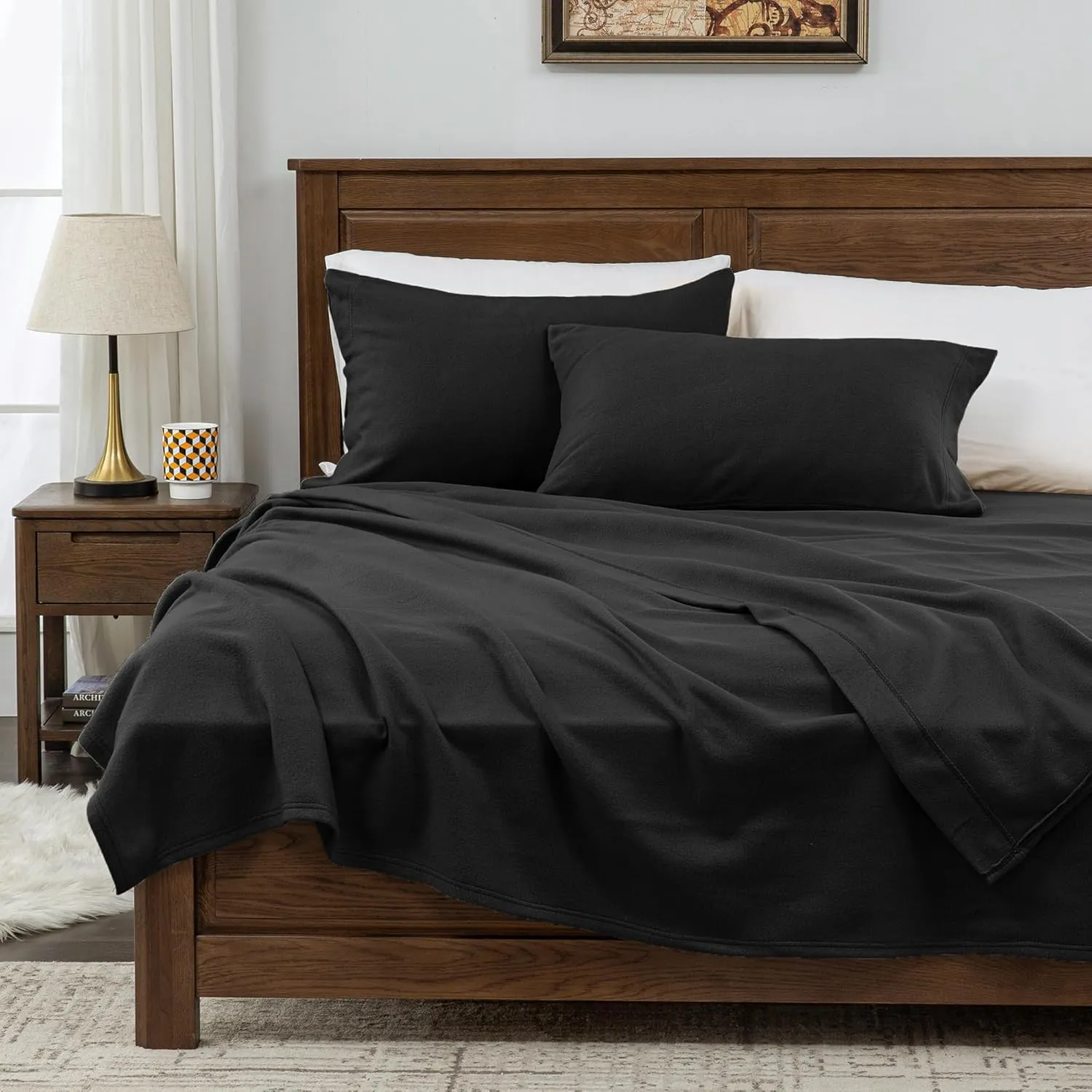Fleece Twin Sheets Set 3-Piece Micro Polar Fleece Bed Sets with 15" Deep Pocket Fitted Soft Warm Sheet, Flat Sheet and Pillowcase, Black