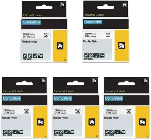 FlyLong 18489 Compatible Flexible Nylon Label Tapes Replacement for DYMO 3/4'' Black on White Industrial Tapes Use with DYMO Rhino 4200 5200 5000 6000 Industrial Label Maker for Wires, Cables, 5-Pack