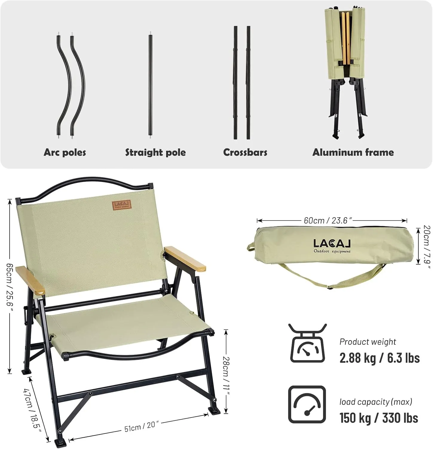 Folding Camping Chair for Adults Outside, Heavy Duty Aluminum Alloy Frame with Armrest, Comfortable Ripstop Oxford Cloth, Easy for Camping, Hiking, Picnic, Party(Beige M Size)
